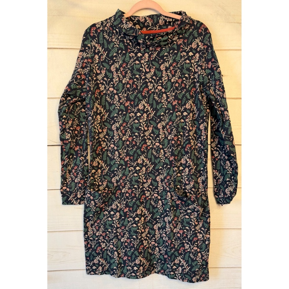 Brakeburn Navy Floral Cowl Neck Jersey Dress Long Sleeve Pockets Size 14 UK